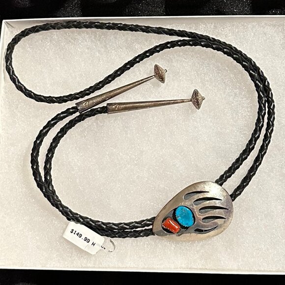 Vintage Navajo Turquoise and Coral Bear Claw Bolo Tie by Thomas Nez - Picture 2 of 9